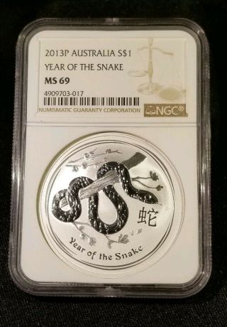 2013 P Australia 1 Oz.  999 Silver $1 Year Of The Snake Ngc Ms 69 - Brown Label