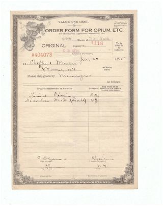 Us 1915 Order Form For Opium,  Etc.  District Of York Dated July 29,  1915