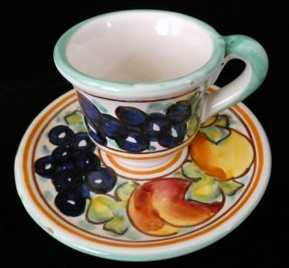 Vintage Taormina Italy Hand Painted Fruit Demitasse Espresso Cup & Saucer Peach