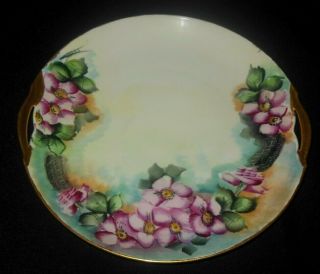 Antique Kpm Silesia Hand Painted Gold Handles Cake Plate Large Wild Pink Roses