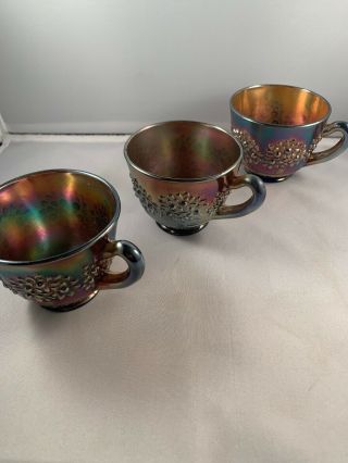 Three Fenton Orange Tree Punch Bowl Glasses 1920s Carnival Glass Cobalt Blue Set