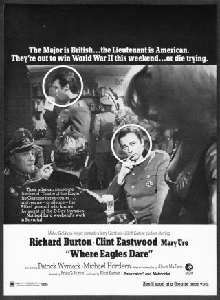 1969 Richard Burton Clint Eastwood " Where Eagles Dare " Movie Vintage Print Ad