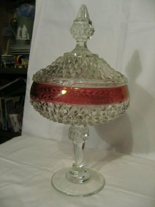 Vintage Ruby Red Flash Kings Crown Diamond Point Compote Candy Trinket Dish Bowl