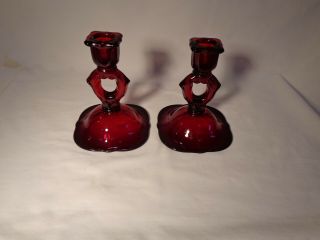 Paden City 412 Ruby Red Key Hole Crows Foot Candlesticks Candleholders