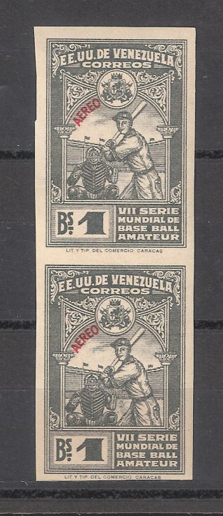Venezuela: 1944; Scott C195,  Base Ball,  Vertical Pair,  Mnh,  Imperforate,  Ebv153