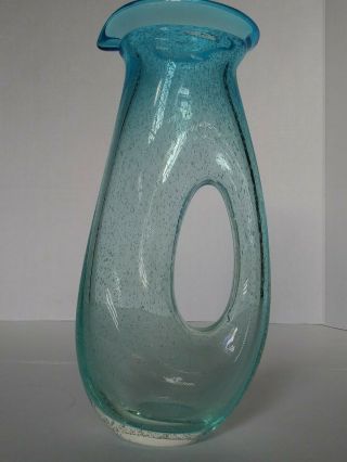 Vintage 11 " Hand Blown Bubble Art Glass Decanter,  Pitcher - Hole Handle Design