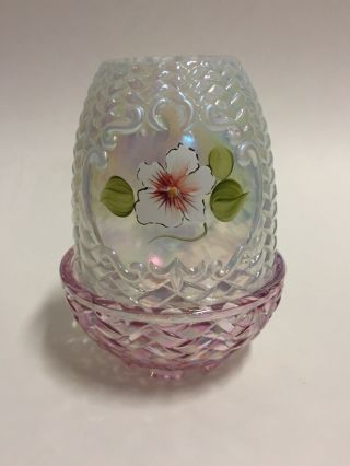 Fenton Hand Painted Fairy Lamp Basket Weave 2pc Pink/clear Opalescent