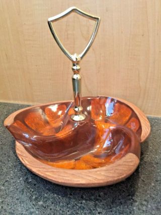 Vintage Glazed Pottery Nut Candy Dish W/ Gold - Tone Handle Divided Usa 618