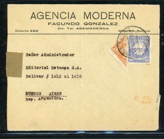 Bolivia Postal History: Lot 129 1944 Bisect Censor Oruro - Buenos Aires $$$