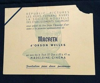 1948 Orson Welles Macbeth French Premier Invitation With Great Image Of Welles