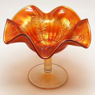 Euc Antique Vintage Fenton Holly & Berry Marigold Carnival Glass Ruffle Compote