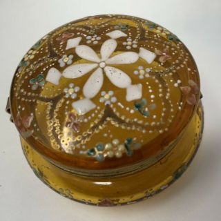 Antique Amber Glass Hinged Trinket Box With Enamel Painted Flowers