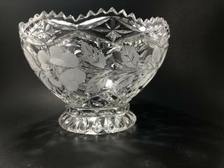Vintage German Lausitzer Etched 24 Lead Crystal Pedestal Bowl W/ Frosted Rose