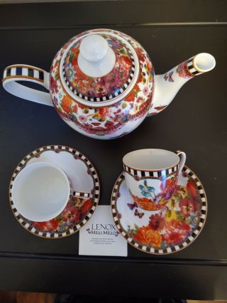 Melli Mello Eliza Stripe Tea Set.  Pot With Lid And 2 Cups With Saucers.  By Lenox