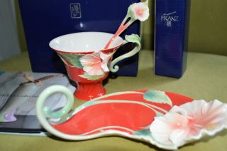 Franz Island Beauty Hibiscus Flower Porcelain Cup Saucer Spoon Set