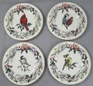 Set Of 4 Lenox 9 3/8 " Luncheon Plates Winter Greetings Backyard Birds
