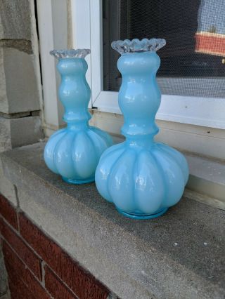 Vintage Fenton Blue Melon Bud Vase Milk Glass Set Of Two