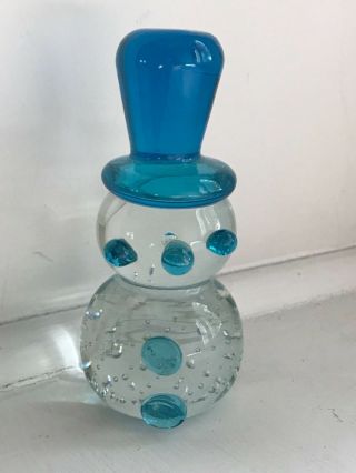 Vintage Gibson Clear Blown Glass Snowman With Turquoise Hat