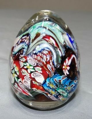 Murano Art Glass Scrambled Millefiori Egg Shape Paperweight W/ Label
