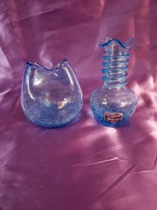 Vintage Pilgrim Hand Crafted Vases – Blue Crackle Glass Set Of 2 Bud Vases