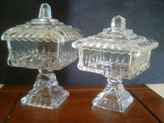 Set Of 2 Vintage Square Clear Glass Pedestal Jam Or Jelly Dishes 5.  5 & 6.  5 Inch
