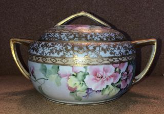Antique Hand Painted Nippon Double Handle Lidded Dish W/roses And Gold