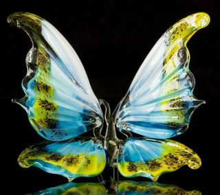 Glass Butterfly Figurine Cyan And Yellow Blown Murano Style Hand Made In Russia