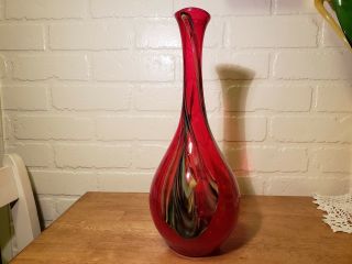 Vintage Art Glass Vase Deep Red With Multi Color Swirl