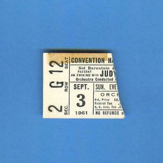 Judy Garland Concert Ticket Stub Atlantic City,  September 3,  1961