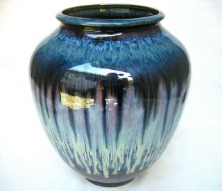 Signed Bill Campbell Studio Art Pottery Drip Glaze Large 10.  5 " Bulbous Vase