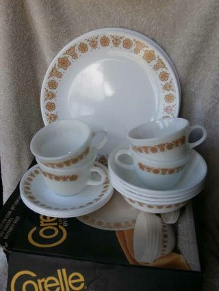 16 Pc Vintage Corelle Butterfly Gold Service For 4 W/ Box Shows No Wear