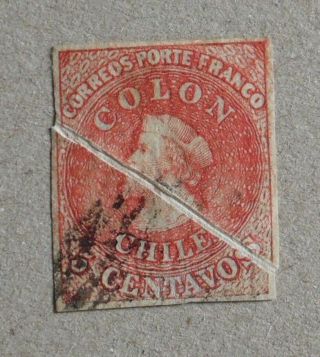 Chile 1866 – Columbus Colon – Last Printing – 5 C – Red – Natural Folded Paper