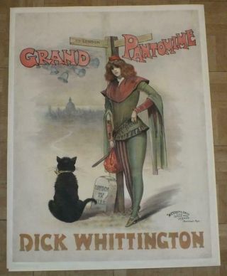 Large Antique English Theater Poster The Grand Pantomime Dick Whittington
