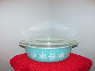 Vintage Pyrex Snowflake Turquoise & White 2.  5 Qt 045 Oval Casserole W/clear Lid