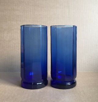 Set Of 2 Cobalt Blue Glass Tumbler Vintage Juice Glasses 6 3/8” Tall