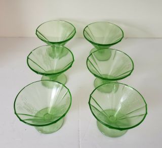 Six Federal Glass Green Parrot Depression Glass Footed Sherbets - Circa1931 - 32