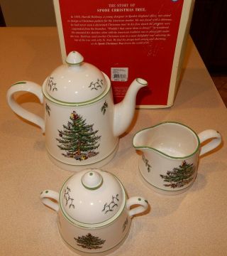 Spode Christmas Tree 3 Piece Tea Set Tea Pot Sugar & Creamer Set Box