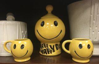 Vintage Mccoy Smiley Face Cookie Jar And 2 Mccoy Smiley Face Mugs