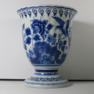 Royal Delft De Porceleyne Fles 1967 Vase Goblet Shaped Blue Flowers And Bird Eol