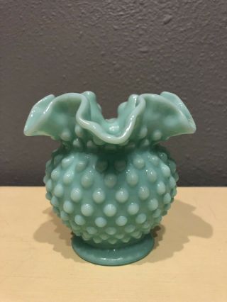 Vintage Fenton Turquoise Blue Milk Glass Ruffled Hub Now Ball Vase Rare Size