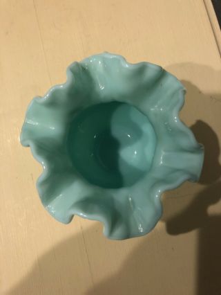Vintage Fenton Turquoise Blue Milk Glass Ruffled Hub Now Ball Vase Rare Size 3