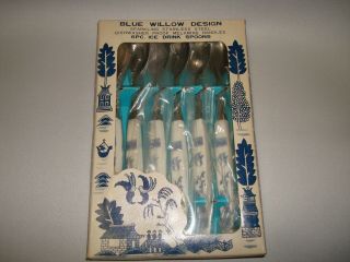Vintage Rare Made In Japan 6 - Pc Blue Willow Flatware Ice Drink Spoons W/ Box