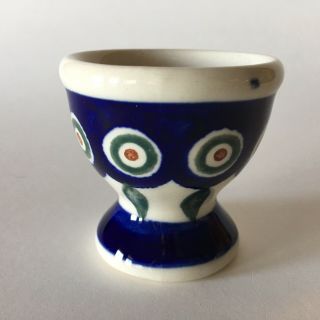 Boleslawiec 2 " Footed Egg Cup Peacock Pattern Polish Pottery Blue Green White