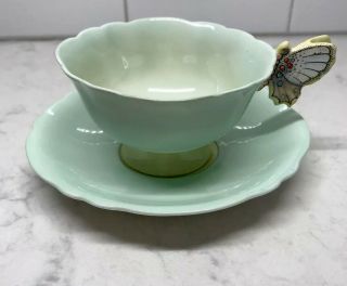 Vintage Paragon Tea Cup & Saucer Pale Green Butterfly Handle Double
