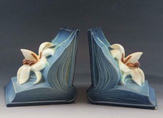 C1940s Roseville Art Pottery Blue Zephyr Lily Book Ends 16 Arts & Crafts Style
