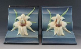 C1940s Roseville Art Pottery Blue Zephyr Lily Book Ends 16 Arts & Crafts Style 2