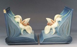 C1940s Roseville Art Pottery Blue Zephyr Lily Book Ends 16 Arts & Crafts Style 3