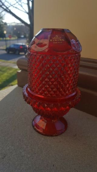 Vtg Viking Ruby Red Glass Fairy Lamp Diamond Point Candle Holder - Tag