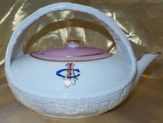 Antique Limoges Haviland & Co Basket Weave Teapot Porcelain Pink Gold Trim