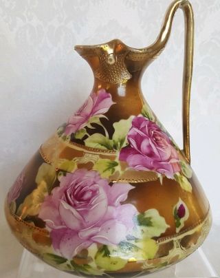 Antique Nippon Hand Painted Roses Ewer Vase Gold Beaded